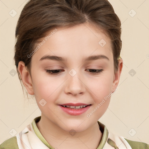 Joyful white child female with short  brown hair and brown eyes