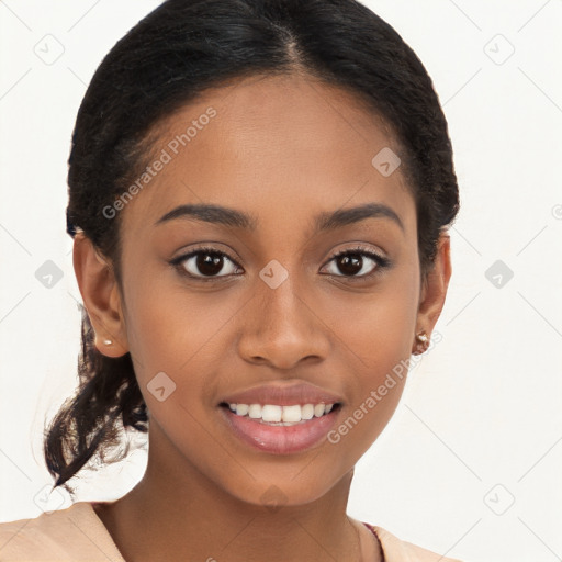 Joyful latino young-adult female with long  brown hair and brown eyes