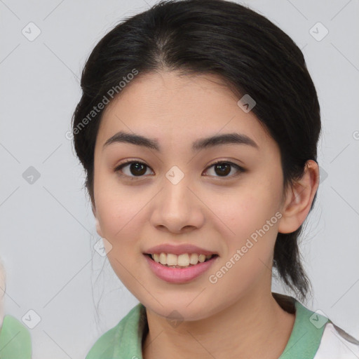 Joyful white young-adult female with medium  black hair and brown eyes