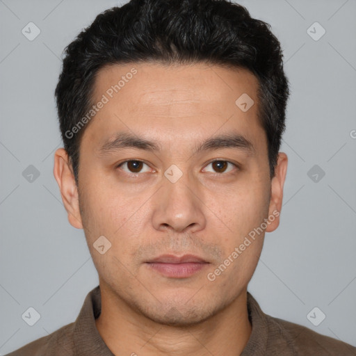 Neutral white young-adult male with short  black hair and brown eyes