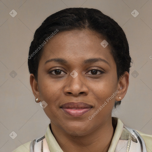 Joyful latino young-adult female with short  black hair and brown eyes