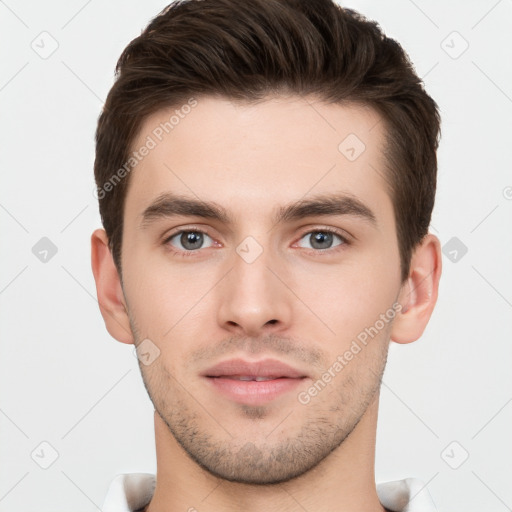 Neutral white young-adult male with short  brown hair and brown eyes