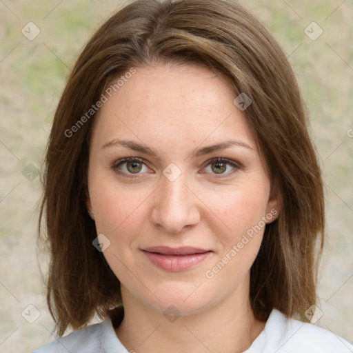 Joyful white young-adult female with medium  brown hair and green eyes