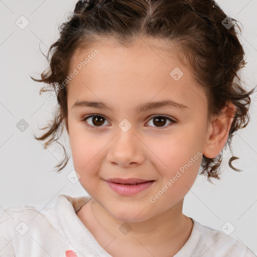 Joyful white child female with medium  brown hair and brown eyes