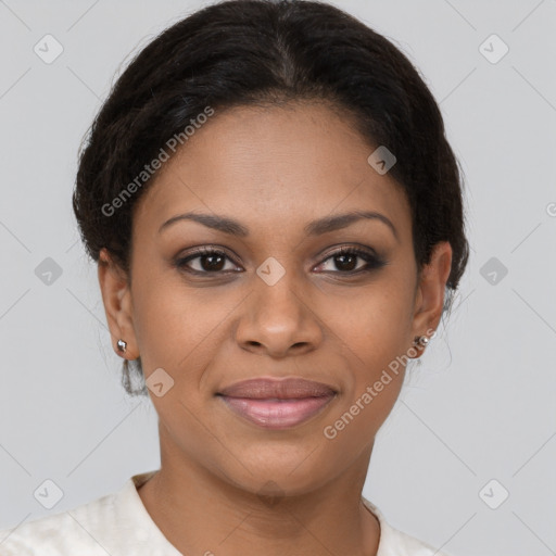 Joyful black young-adult female with medium  brown hair and brown eyes