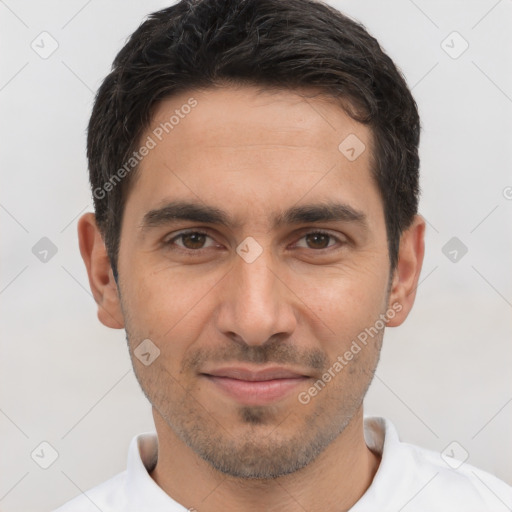 Joyful white young-adult male with short  brown hair and brown eyes