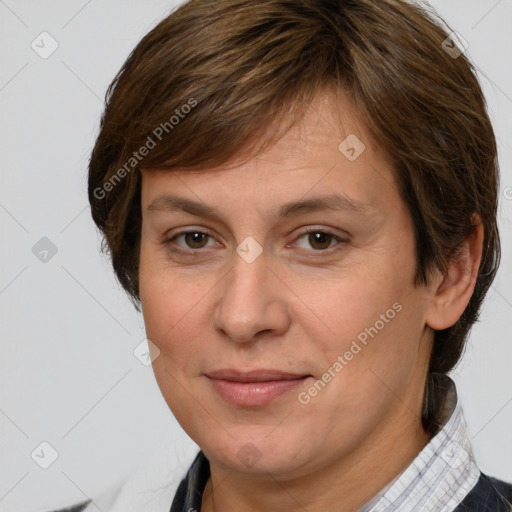 Joyful white adult female with medium  brown hair and brown eyes