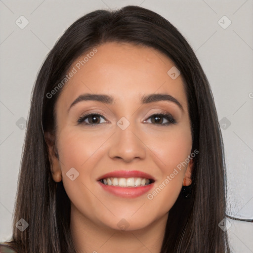 Joyful white young-adult female with long  black hair and brown eyes