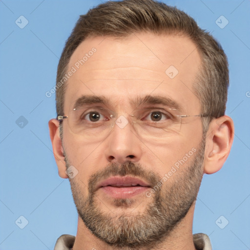 Neutral white adult male with short  brown hair and brown eyes