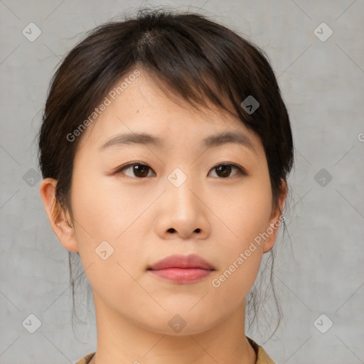 Neutral asian young-adult female with medium  brown hair and brown eyes