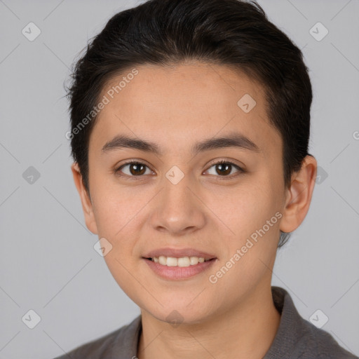 Joyful white young-adult female with short  brown hair and brown eyes