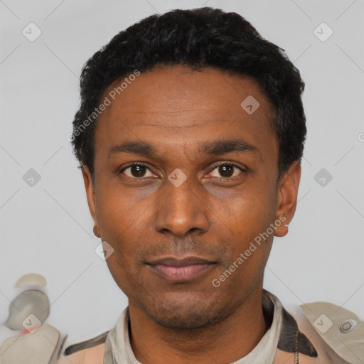 Neutral black young-adult male with short  black hair and brown eyes