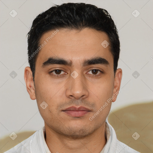 Neutral latino young-adult male with short  black hair and brown eyes