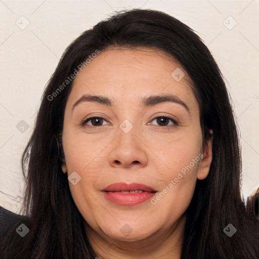 Joyful white adult female with long  brown hair and brown eyes