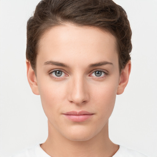 Neutral white young-adult female with short  brown hair and brown eyes