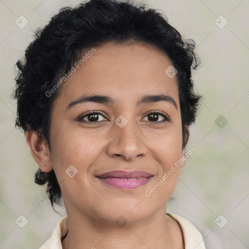 Joyful latino young-adult female with short  brown hair and brown eyes