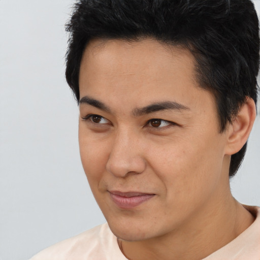 Joyful asian adult male with short  brown hair and brown eyes
