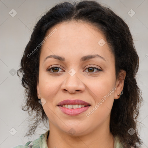 Joyful latino young-adult female with medium  brown hair and brown eyes