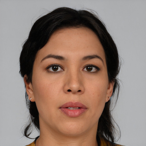 Neutral asian young-adult female with medium  brown hair and brown eyes