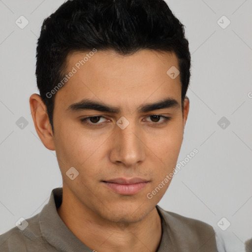 Neutral asian young-adult male with short  black hair and brown eyes