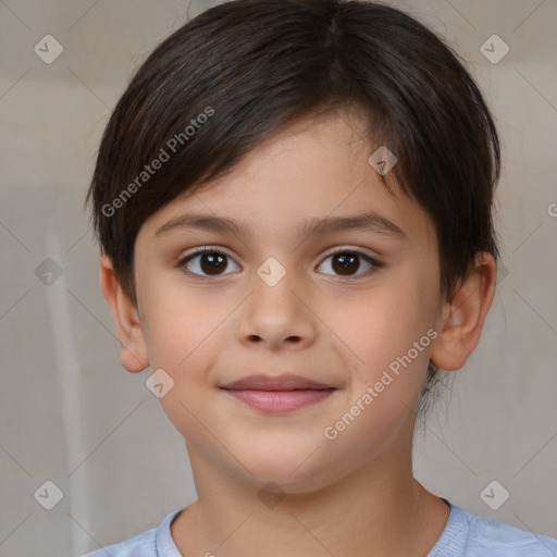 Joyful white child female with short  brown hair and brown eyes