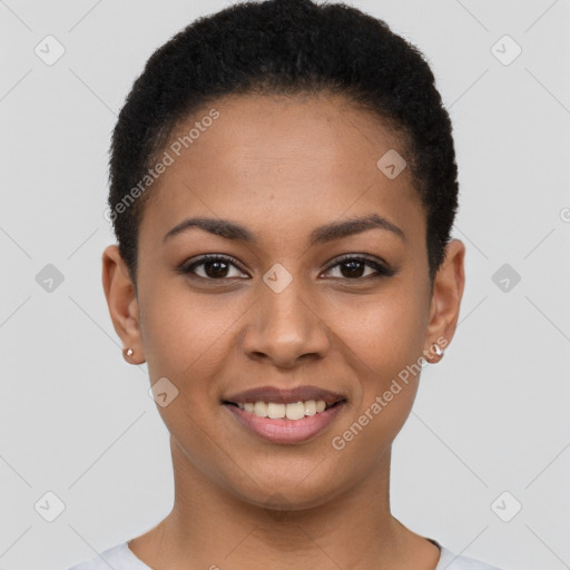 Joyful latino young-adult female with short  brown hair and brown eyes