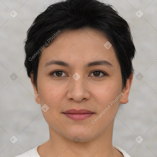 Joyful asian young-adult female with short  brown hair and brown eyes