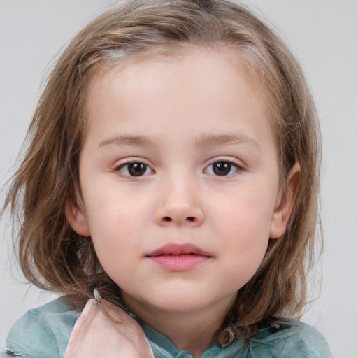 Neutral white child female with medium  brown hair and blue eyes