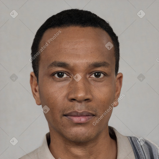 Neutral black young-adult male with short  black hair and brown eyes