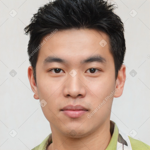 Neutral asian young-adult male with short  black hair and brown eyes