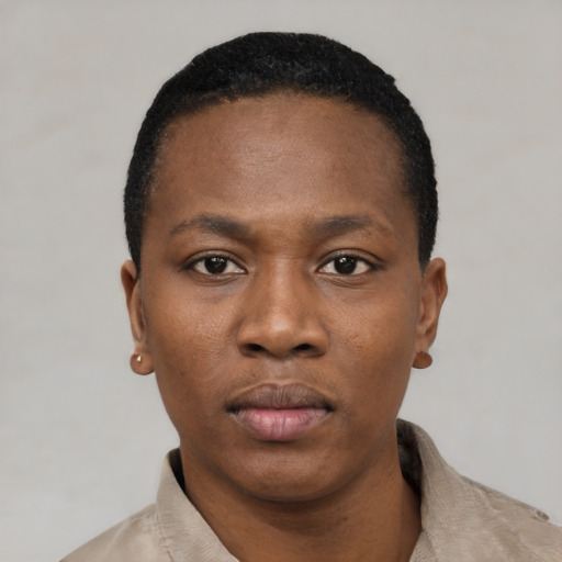 Neutral black young-adult female with short  black hair and brown eyes