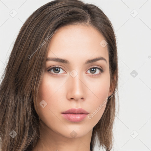 Neutral white young-adult female with long  brown hair and brown eyes