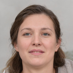 Joyful white adult female with medium  brown hair and grey eyes