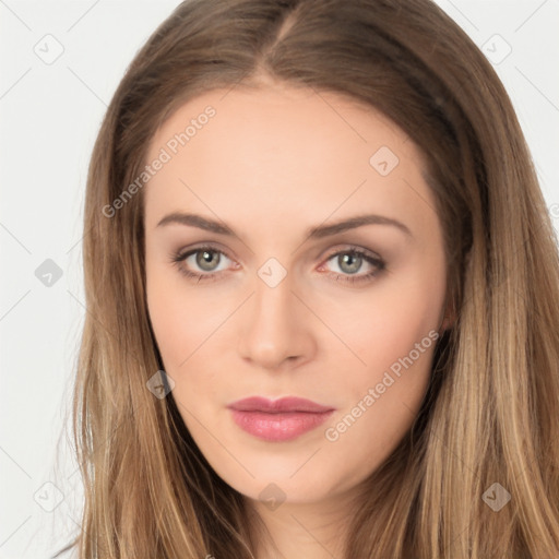 Neutral white young-adult female with long  brown hair and brown eyes