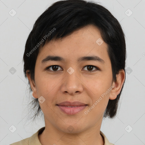 Joyful asian young-adult female with medium  black hair and brown eyes