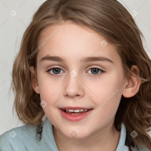 Joyful white child female with medium  brown hair and brown eyes