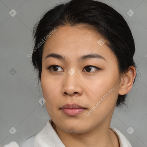 Neutral asian young-adult female with medium  brown hair and brown eyes