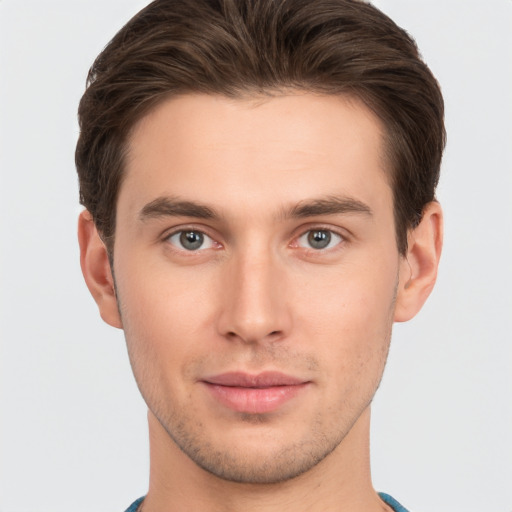 Neutral white young-adult male with short  brown hair and brown eyes