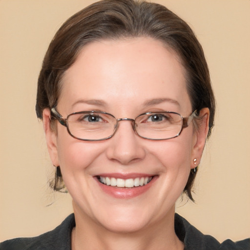 Joyful white adult female with medium  brown hair and brown eyes