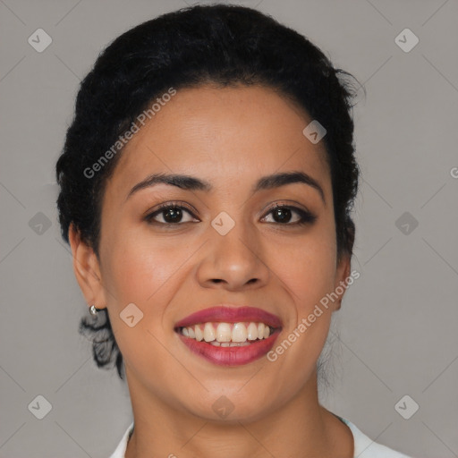 Joyful latino young-adult female with short  black hair and brown eyes