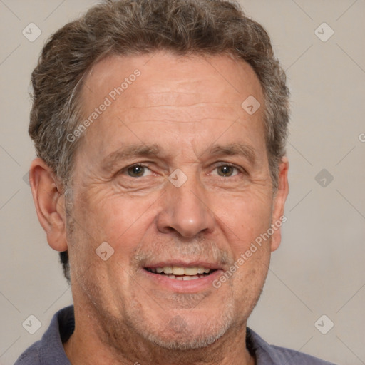 Joyful white middle-aged male with short  brown hair and brown eyes