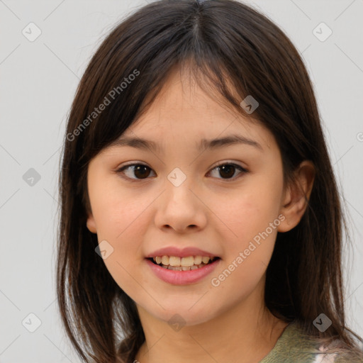 Joyful white child female with medium  brown hair and brown eyes