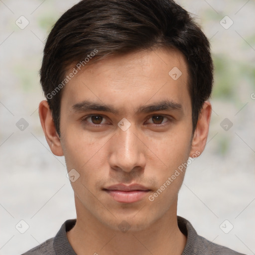 Neutral white young-adult male with short  brown hair and brown eyes