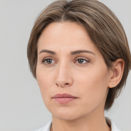 Neutral white young-adult female with medium  brown hair and brown eyes