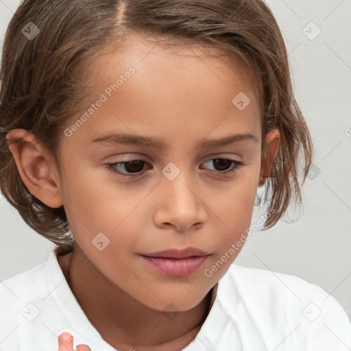 Joyful white child female with medium  brown hair and brown eyes