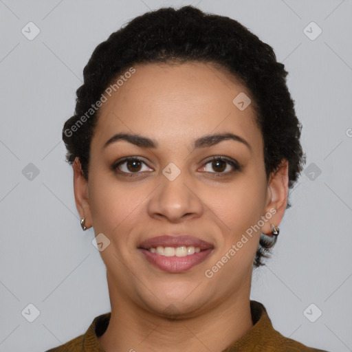 Joyful black young-adult female with short  black hair and brown eyes