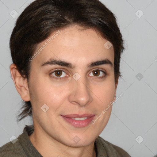 Joyful white young-adult male with medium  brown hair and brown eyes