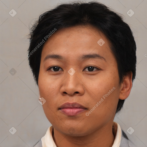 Joyful asian adult female with short  brown hair and brown eyes