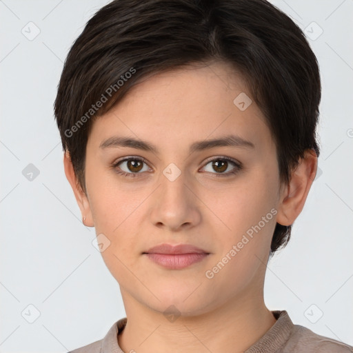 Neutral white young-adult female with short  brown hair and brown eyes