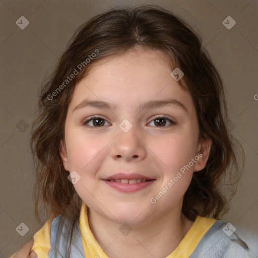 Joyful white child female with medium  brown hair and brown eyes